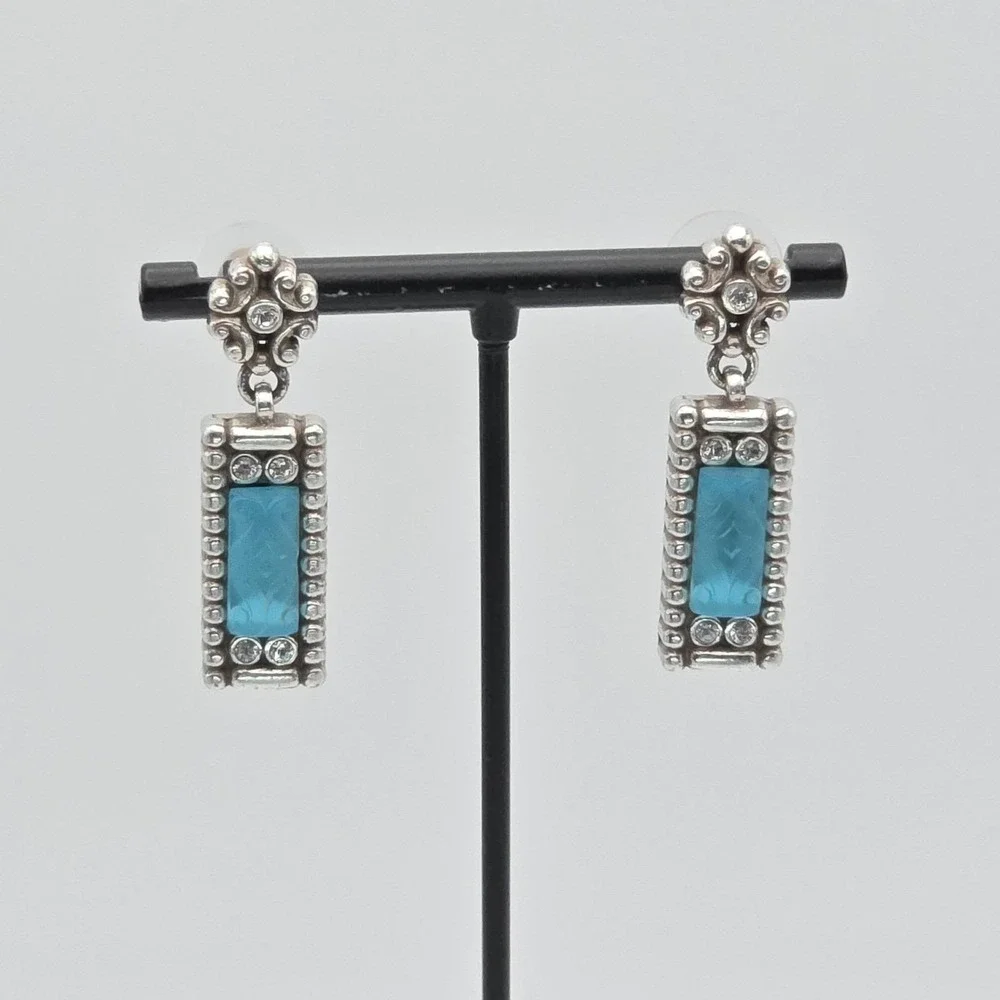 BRIGHTON Earrings Vibrant Aqua Crystal Scroll Silver Plate Dangle Drop 1.75